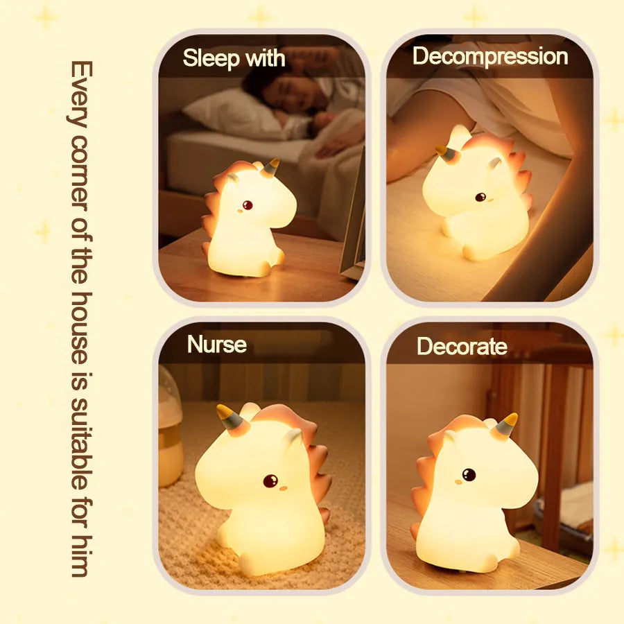 Unicorn LED night light shown in four warm-glow scenes