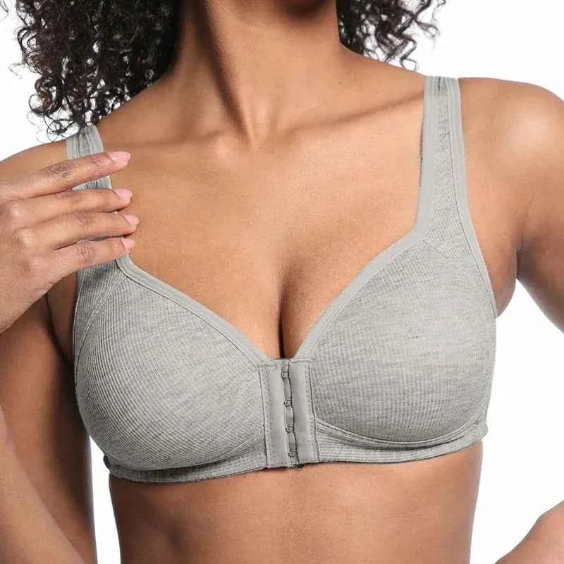 Heather gray front-close seamless bra with adjustable hook-and-eye front closure
