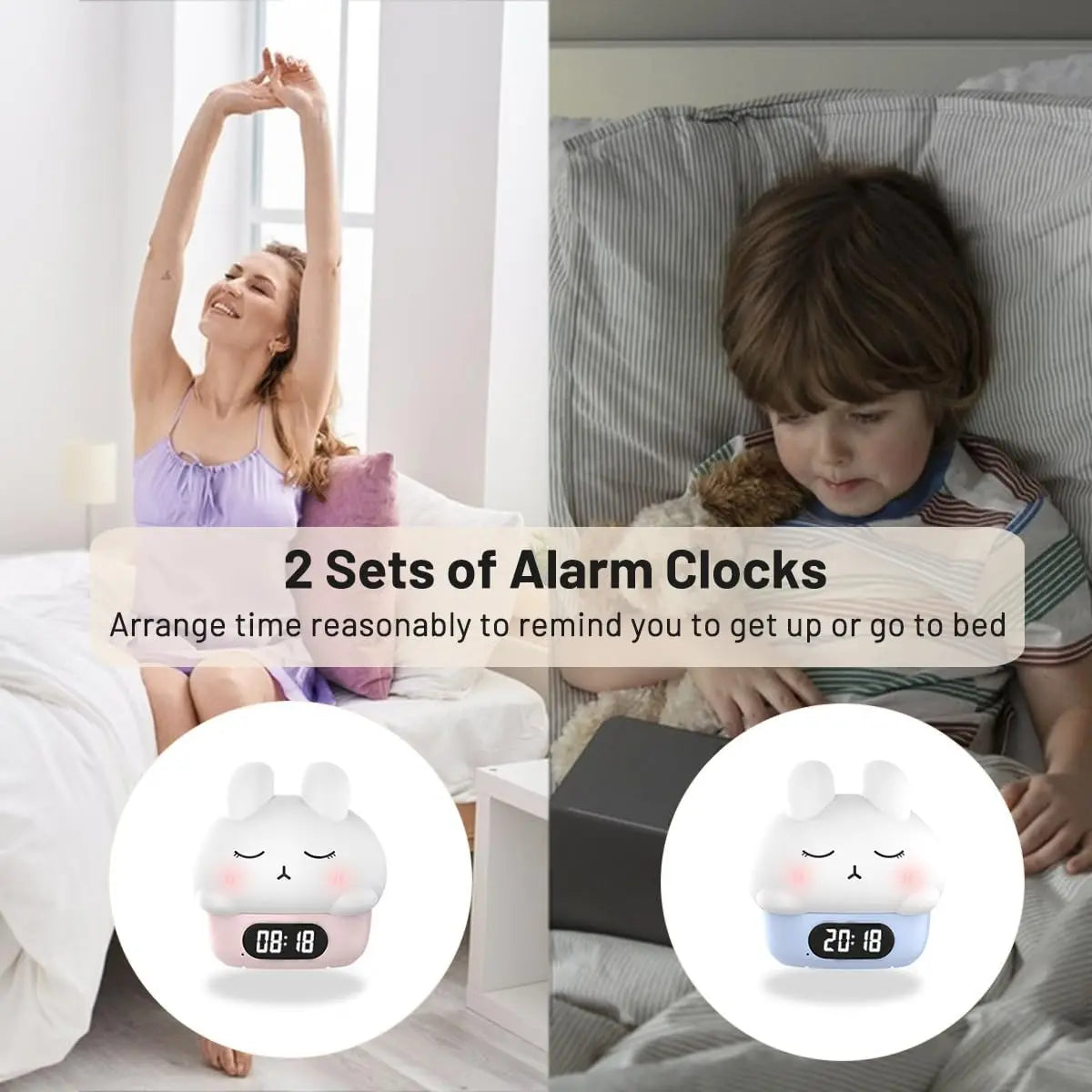 Two bunny alarm clocks together, each with a small LED time display.