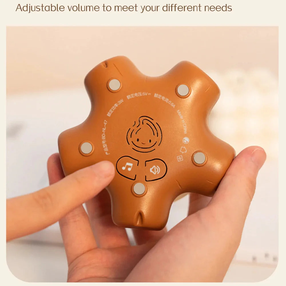 Orange campfire night light with touch buttons and sound control icons