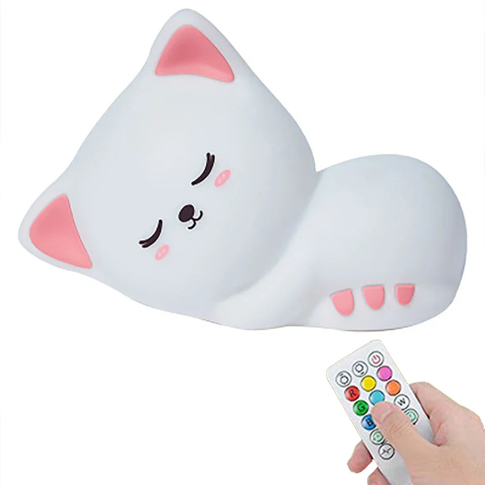 Sleepy kitty night light in white with pink pads and remote control