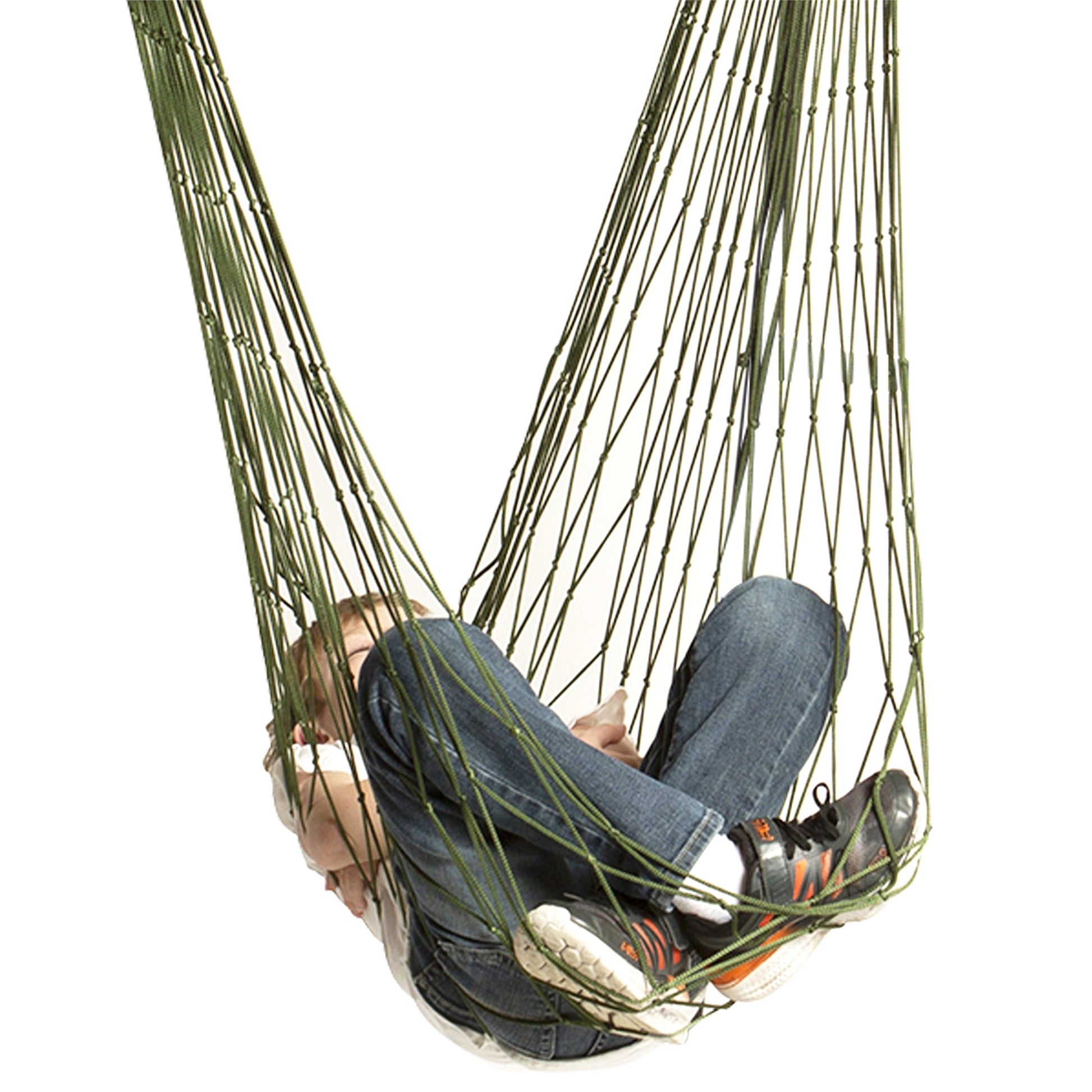 Green kids hammock chair swing with woven rope, child reclined inside.