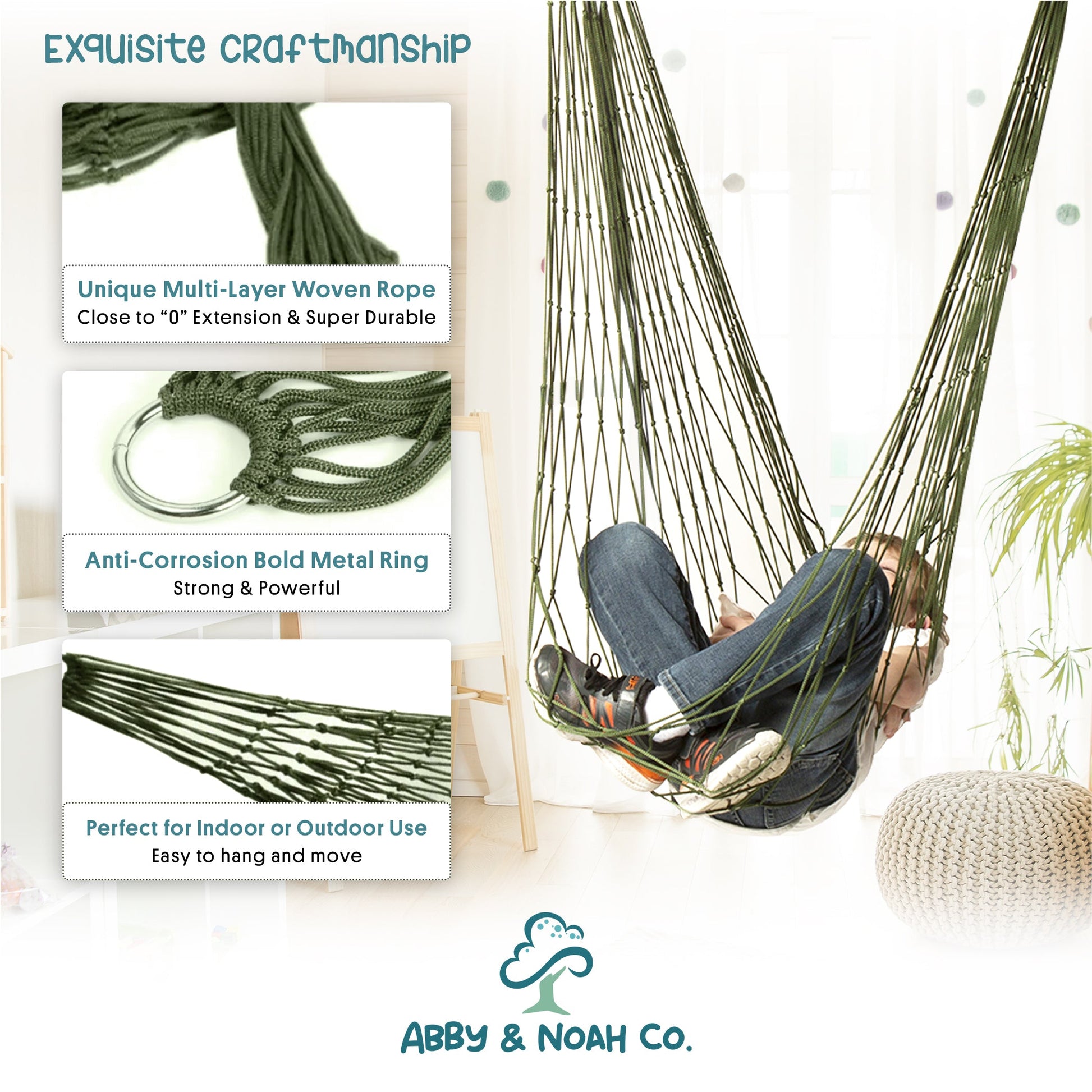 Green kids hammock chair swing with multi-layer woven rope and metal ring detail.