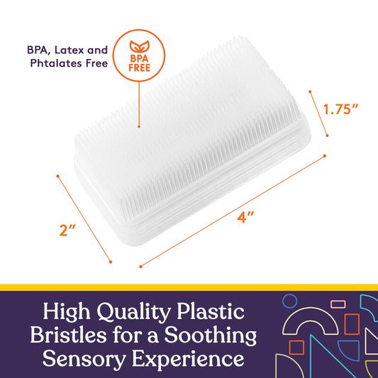Sensory therapy brush with soft white bristles and a protective plastic case.
