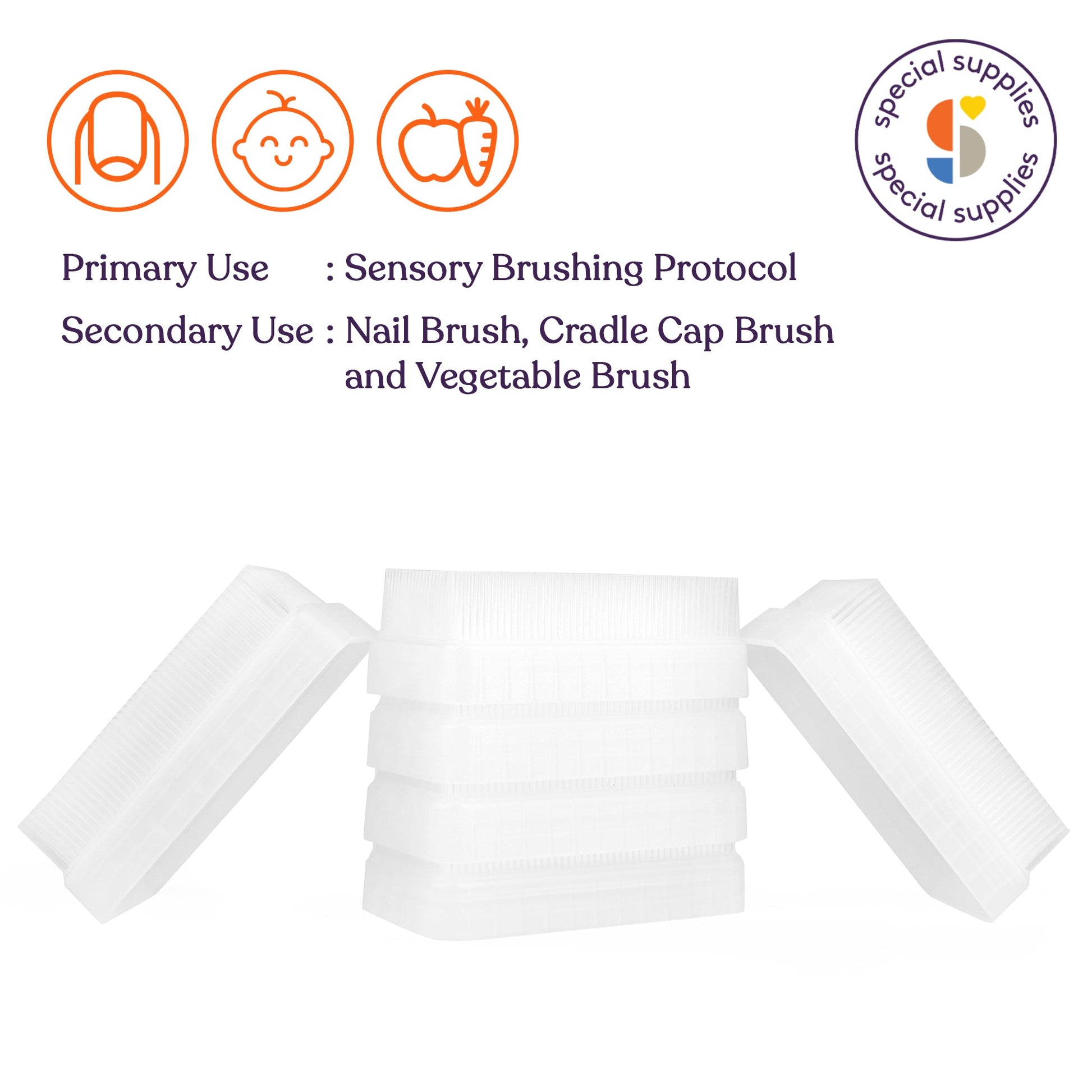 Sensory therapy brush set with several white brushes and soft bristles.