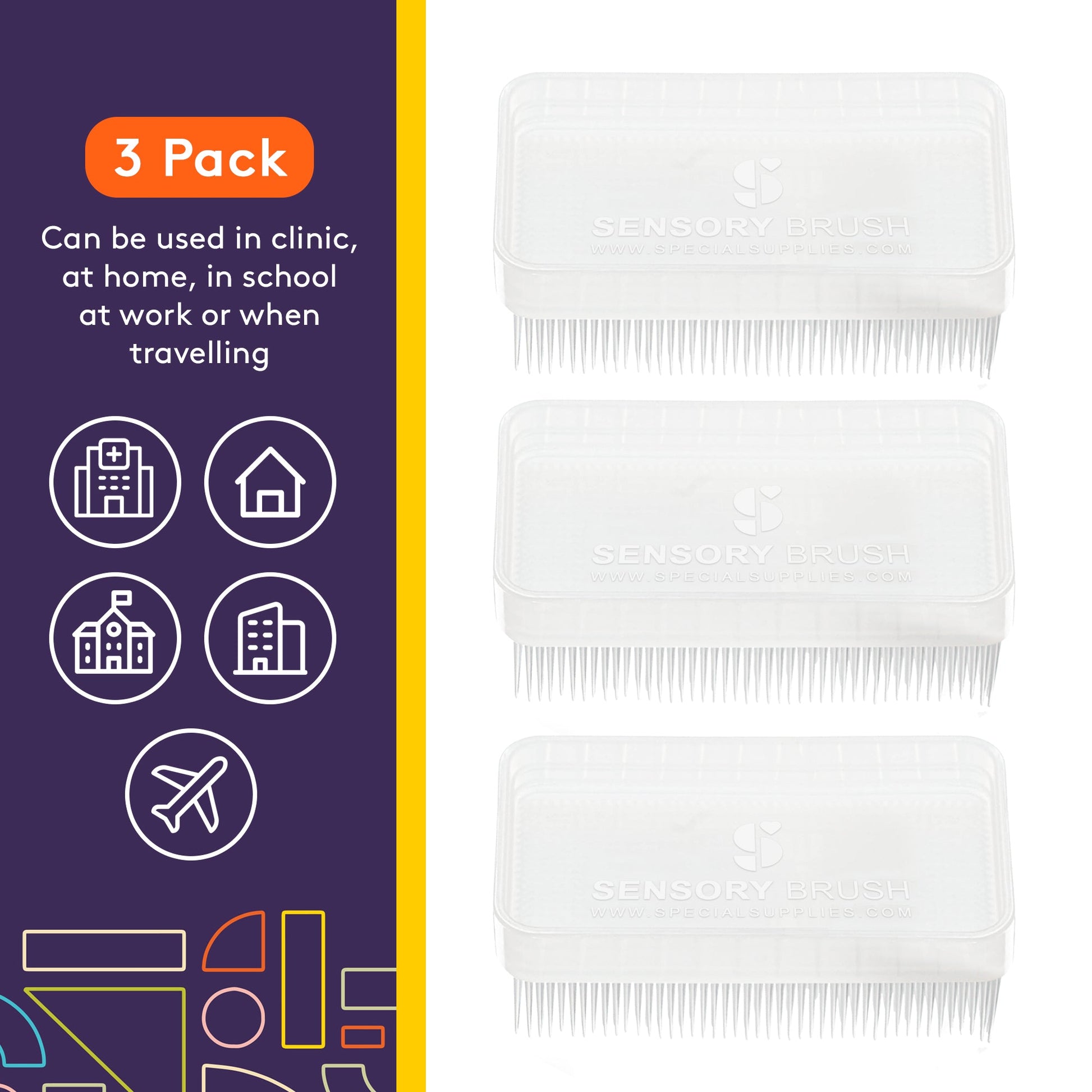 Three-pack sensory therapy brushes with soft white bristles and protective cases.