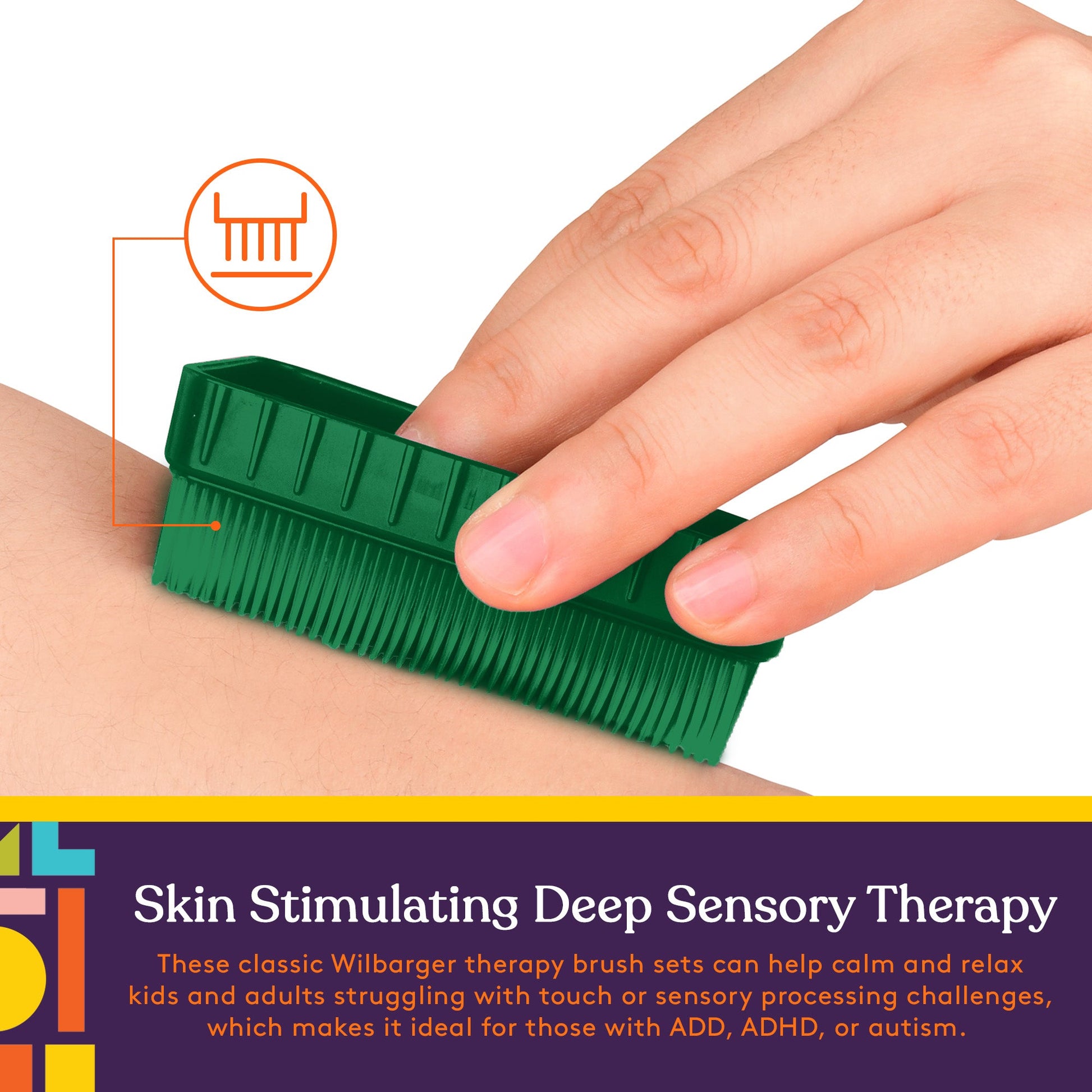 Green sensory therapy brush held over skin with flexible bristles