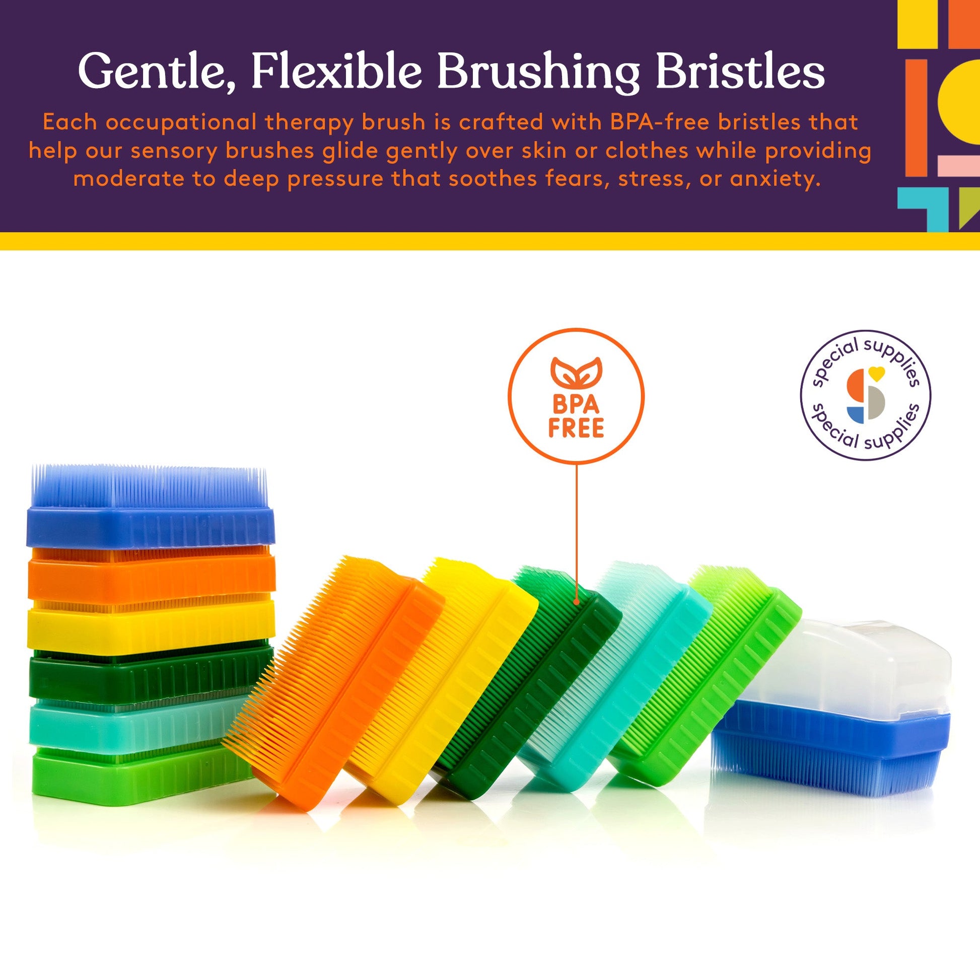 12-pack sensory therapy brushes with flexible bristle heads in multiple colors