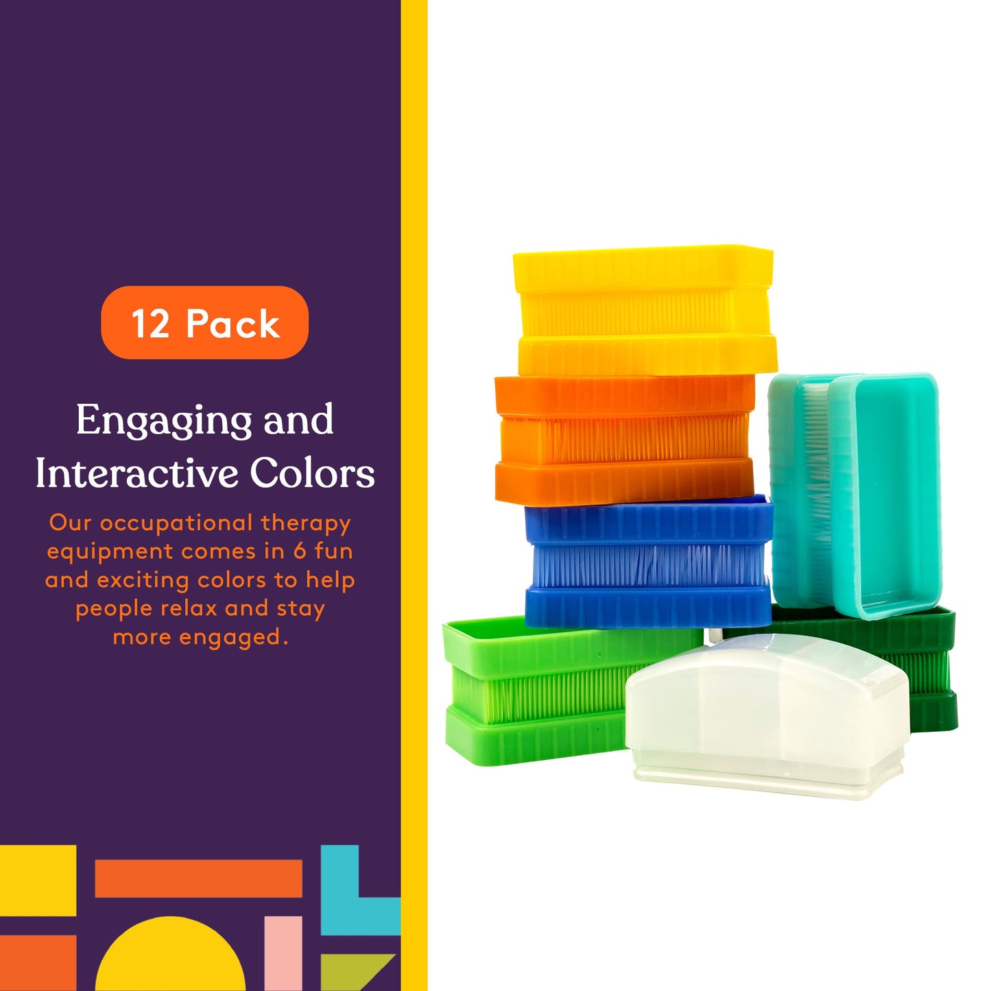 12-pack sensory therapy brushes with colorful bristle heads and white storage cover