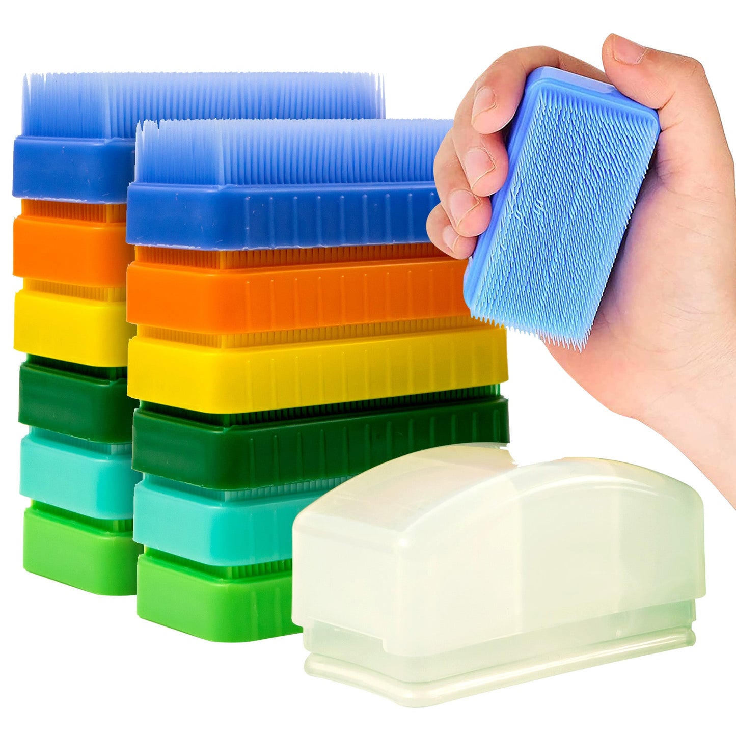 Sensory therapy brush set with soft bristles in colorful plastic blocks and removable case