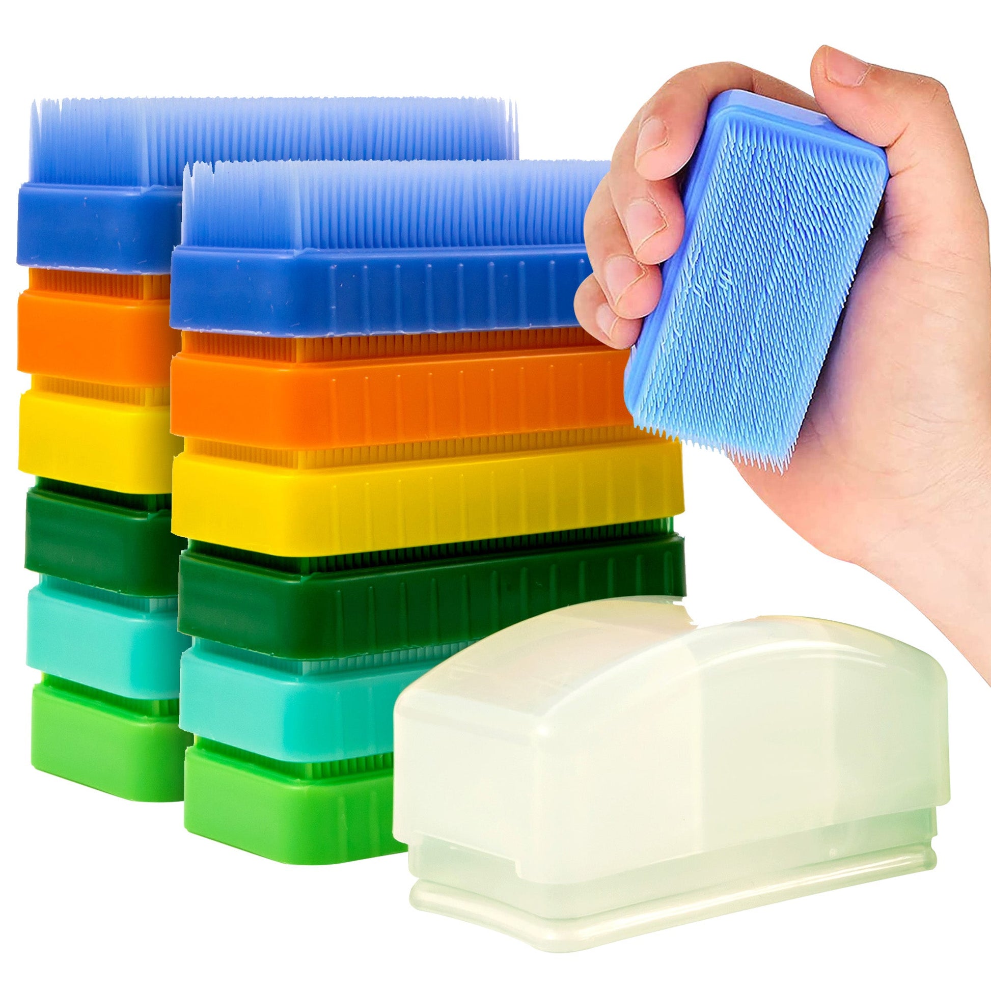Sensory therapy brush set with soft bristles in colorful plastic blocks and removable case