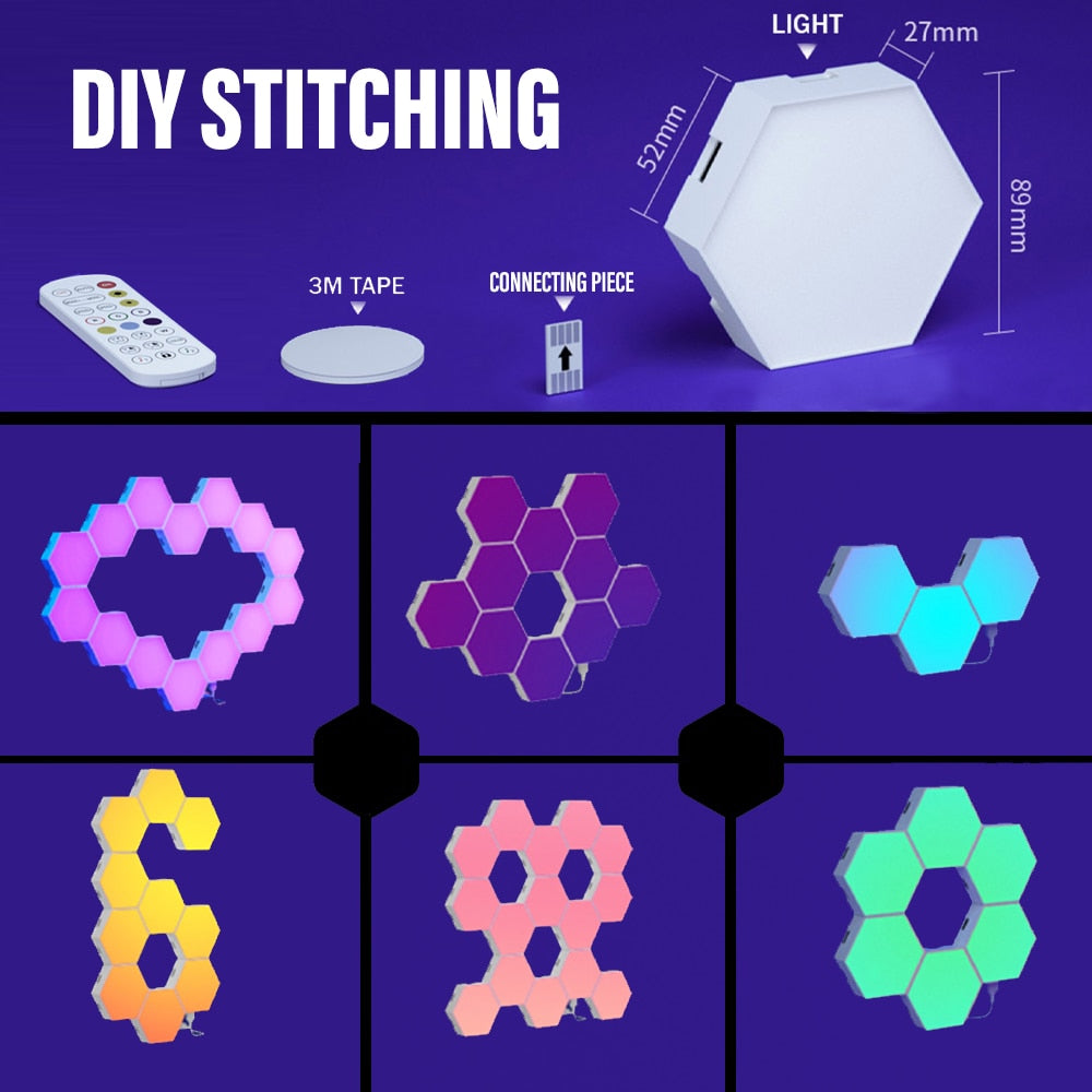 DIY hexagon LED light pieces showing snap-together hexagonal panel design