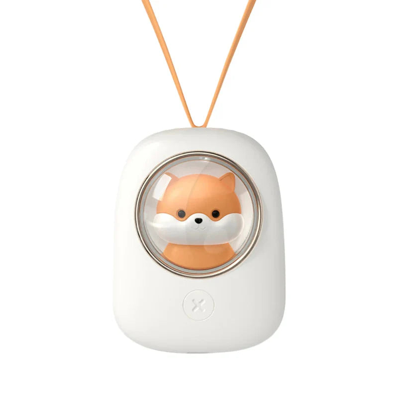 White neck fan with Shiba Inu cartoon in clear round window and orange strap