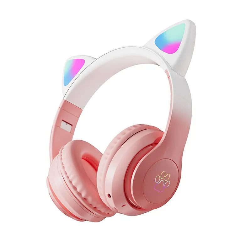 Pink-red cat-ear gaming headset with multicolor LED ear lights and padded ear cups