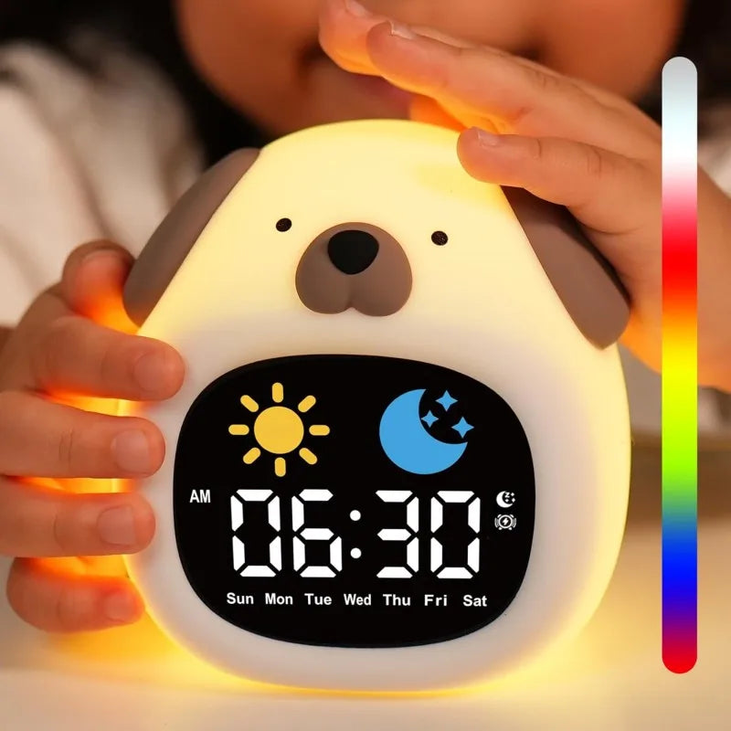 Yellow silicone puppy night light alarm clock with AM/PM digital time display