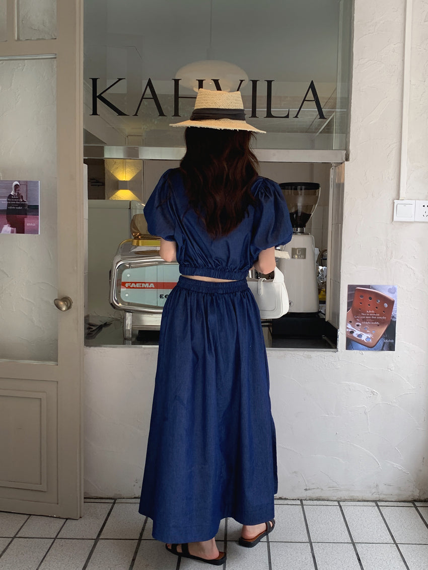 Blue denim puff-sleeve top and gathered midi skirt set, button-back look