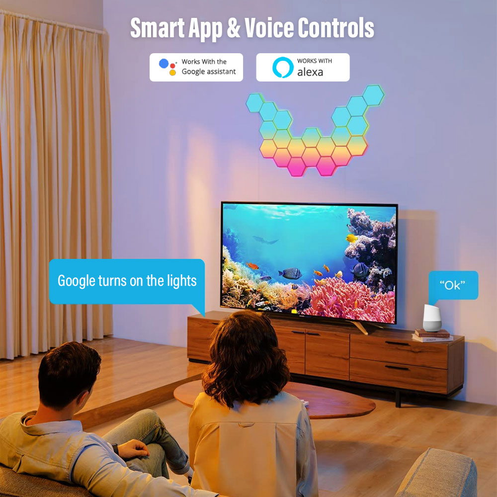 RGB hexagon LED light set with floating hexagonal panels above living room TV