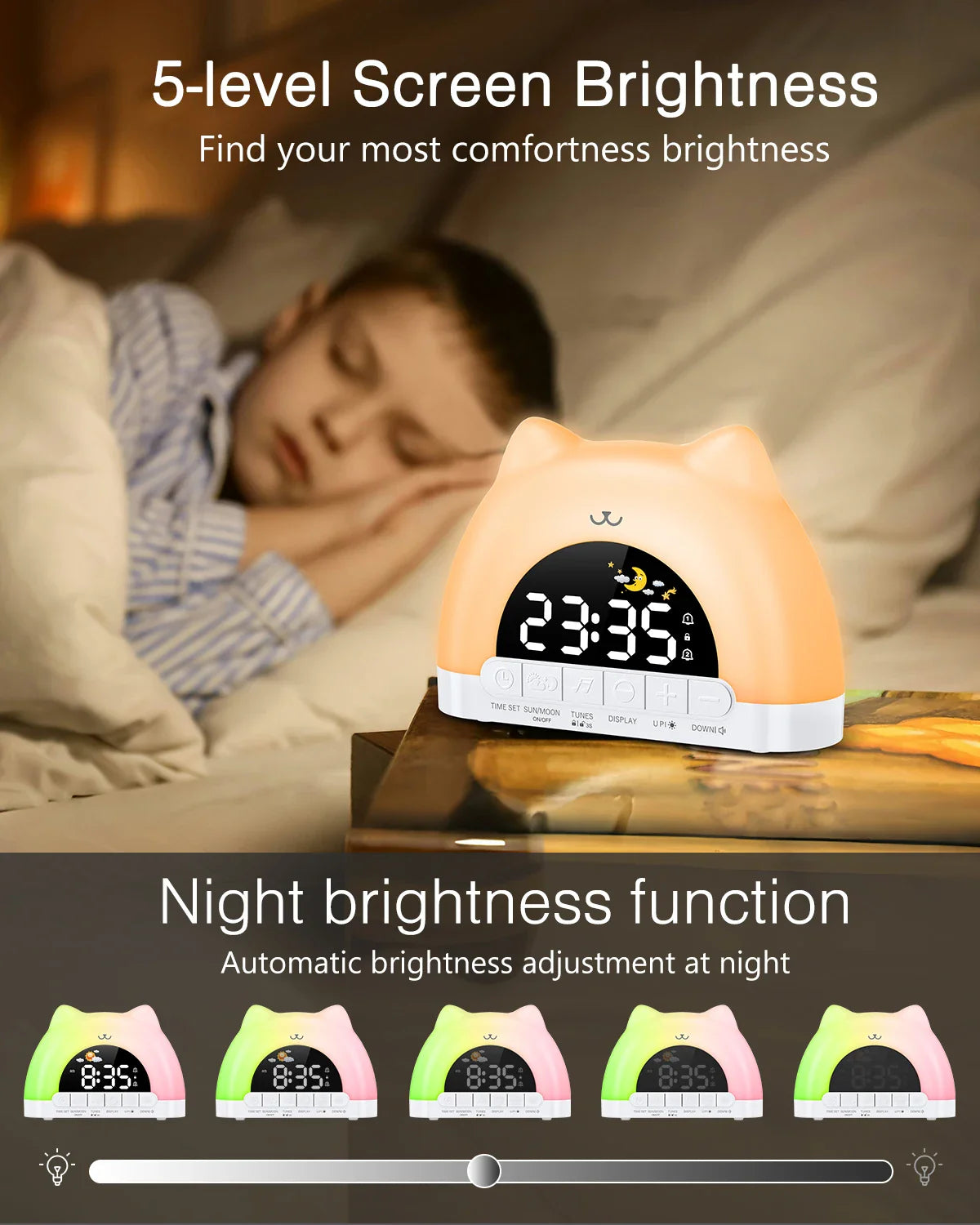 Yellow cat-shaped alarm clock night light with 23:55 digits and wide base