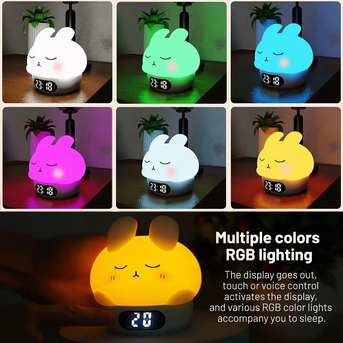 Bunny night light alarm clock with multi-color RGB lighting and 23:18 display.