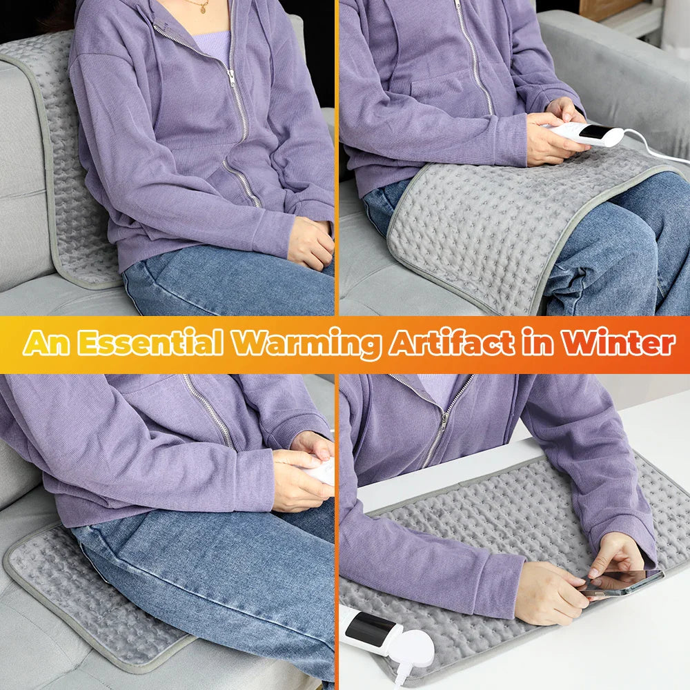 Gray electric heating blanket pad with corded controller and attached heating surface
