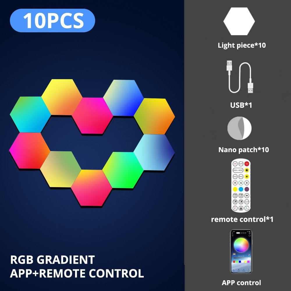 RGB gradient hexagon LED lights set with 10 glowing hexagon panels
