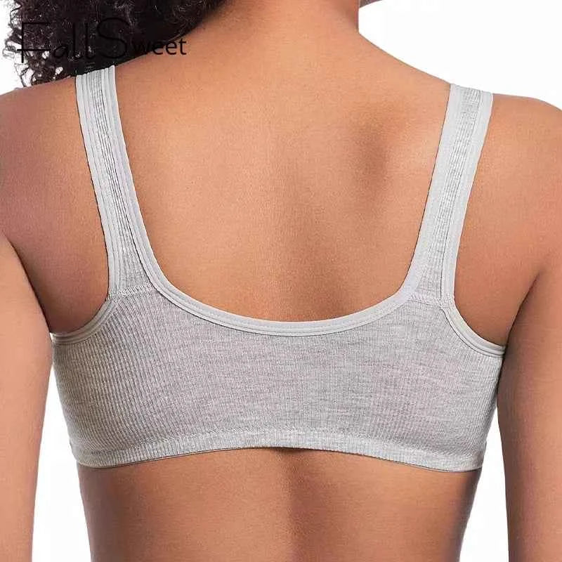 Seamless front-close bra in medium gray, back view with wide scoop back