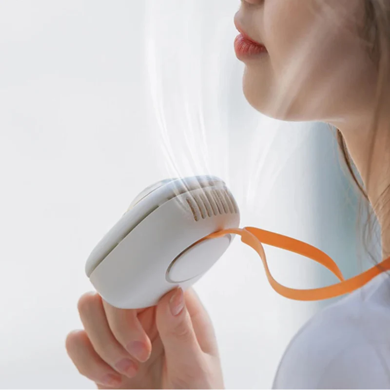 White neck fan with vent grille and orange neck strap in side view