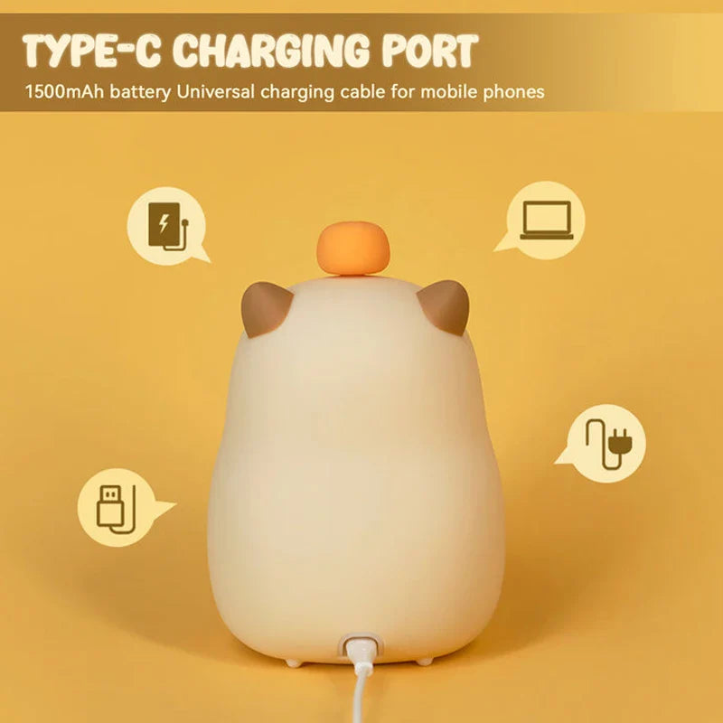Capybara night light alarm clock from back with USB charging port and cable