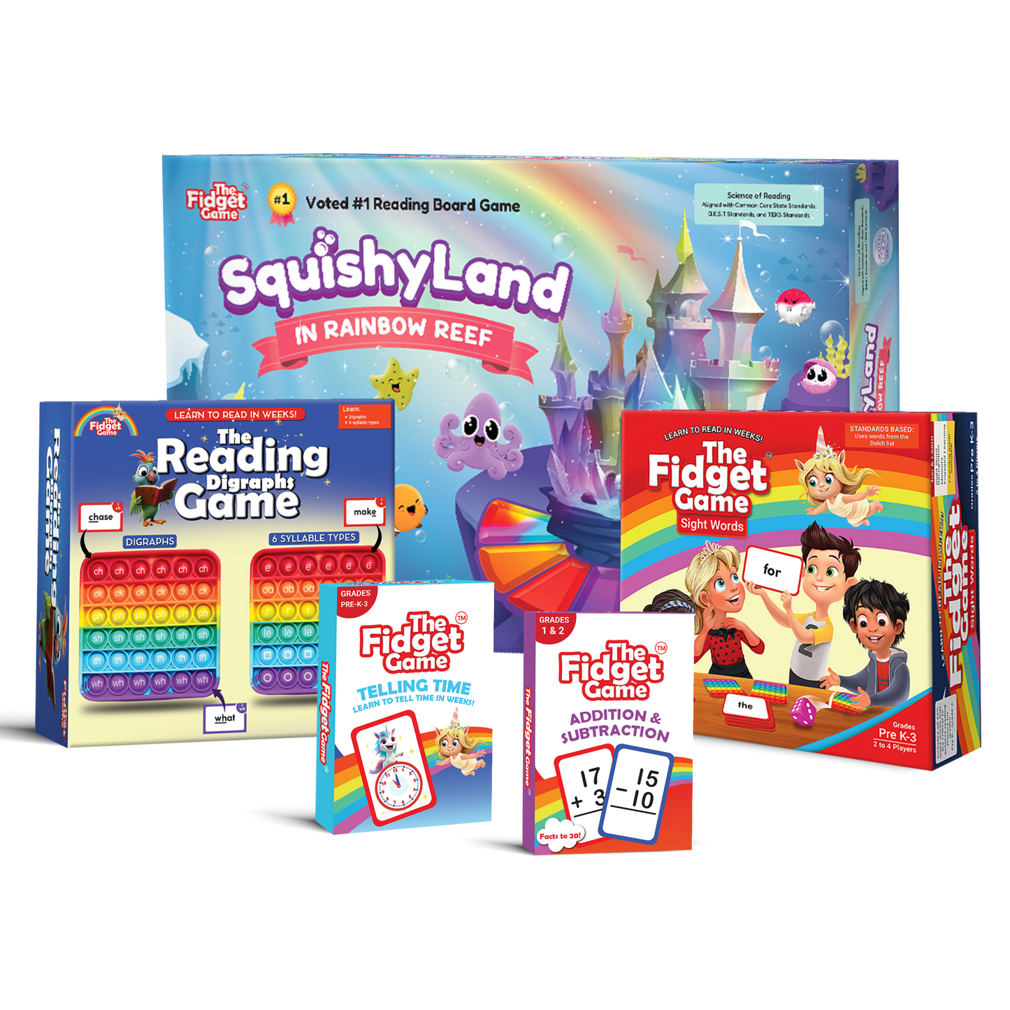 Reading Digraphs Game set with box and additional Fidget Game boxes for learning