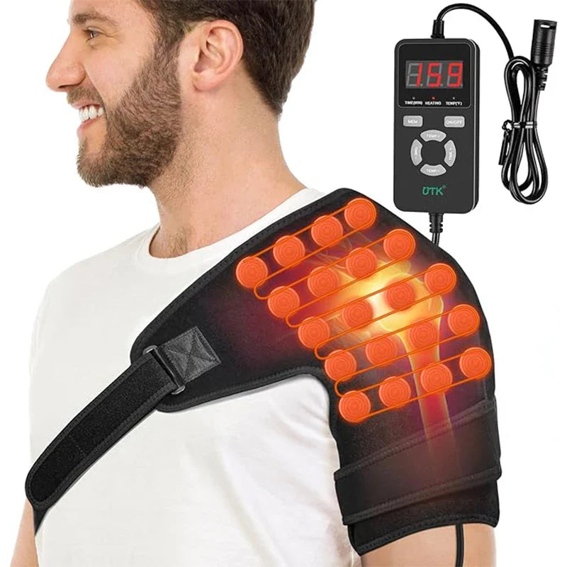 Shoulder far infrared heating pad with glowing heat panels and attached control unit