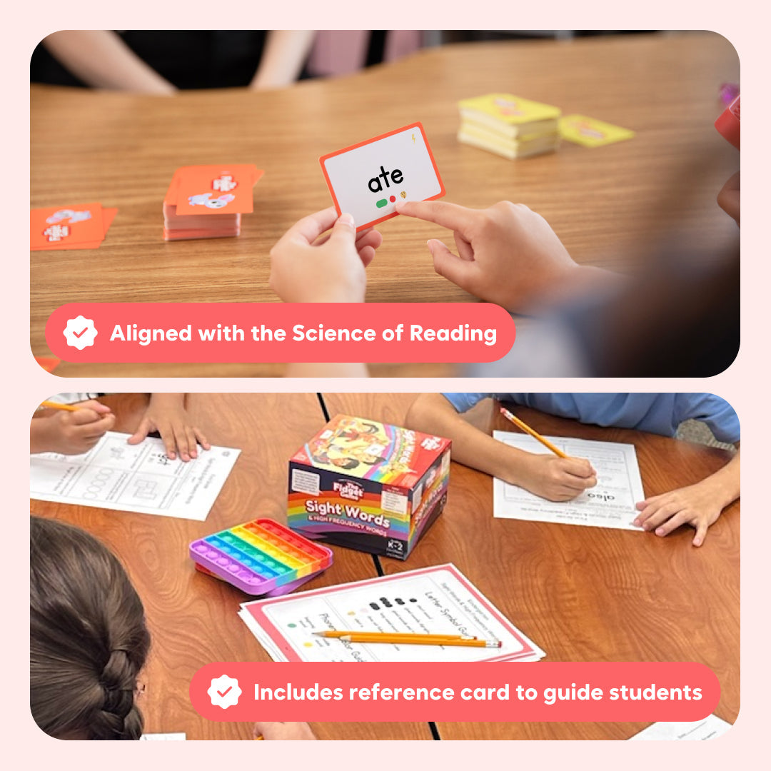 Hands playing with sight word cards and a small rainbow pop-it fidget mat