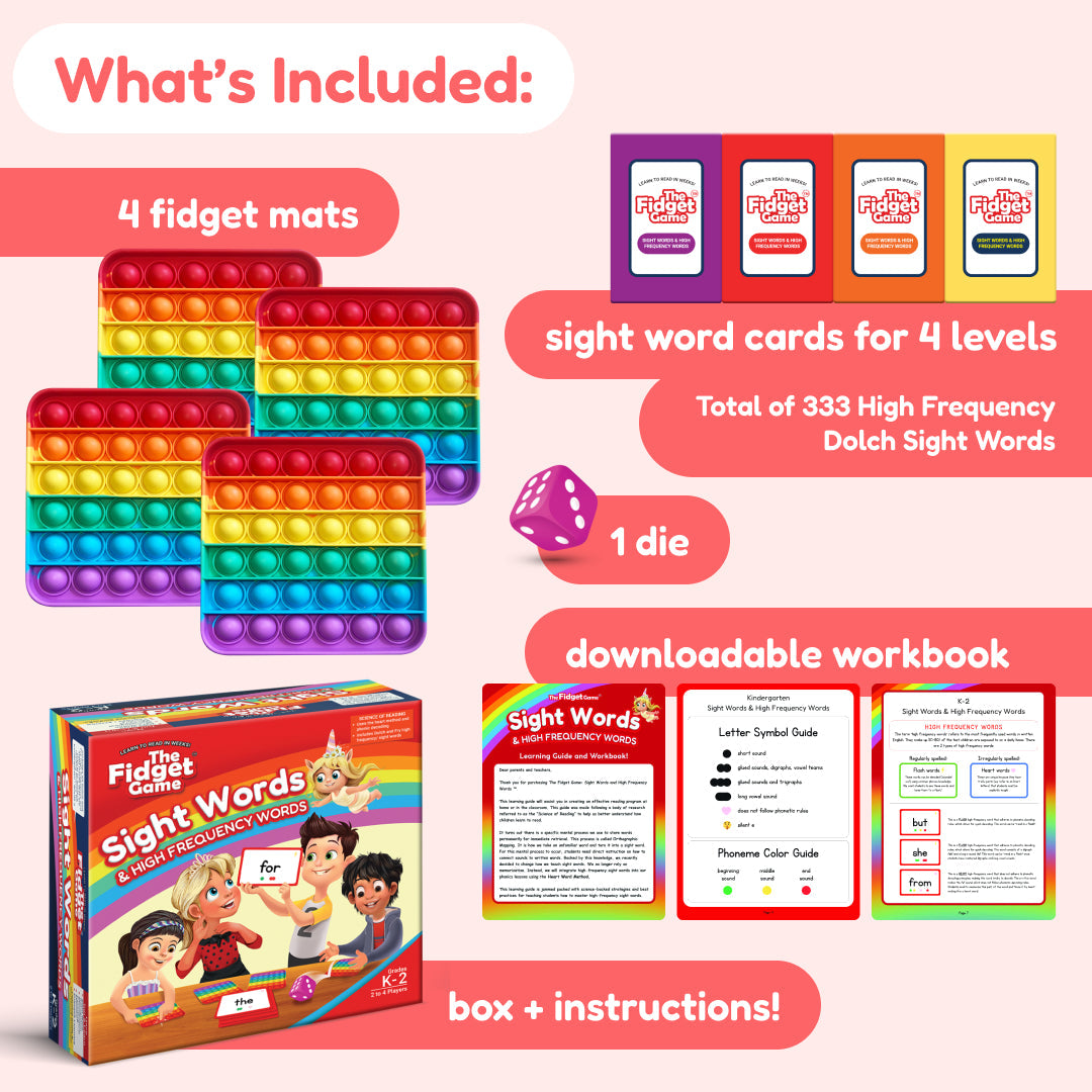 Fidget mat bundle with four rainbow pop-it boards, sight word cards, and dice