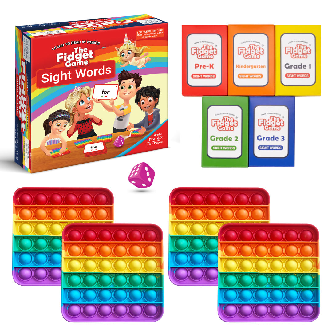 Sight words learning fidget game box with colorful level cards and rainbow pop-it mats
