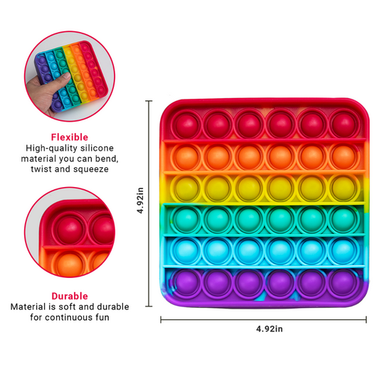 Rainbow silicone pop-it fidget mat with multicolor bubble pads in a red rectangular tray