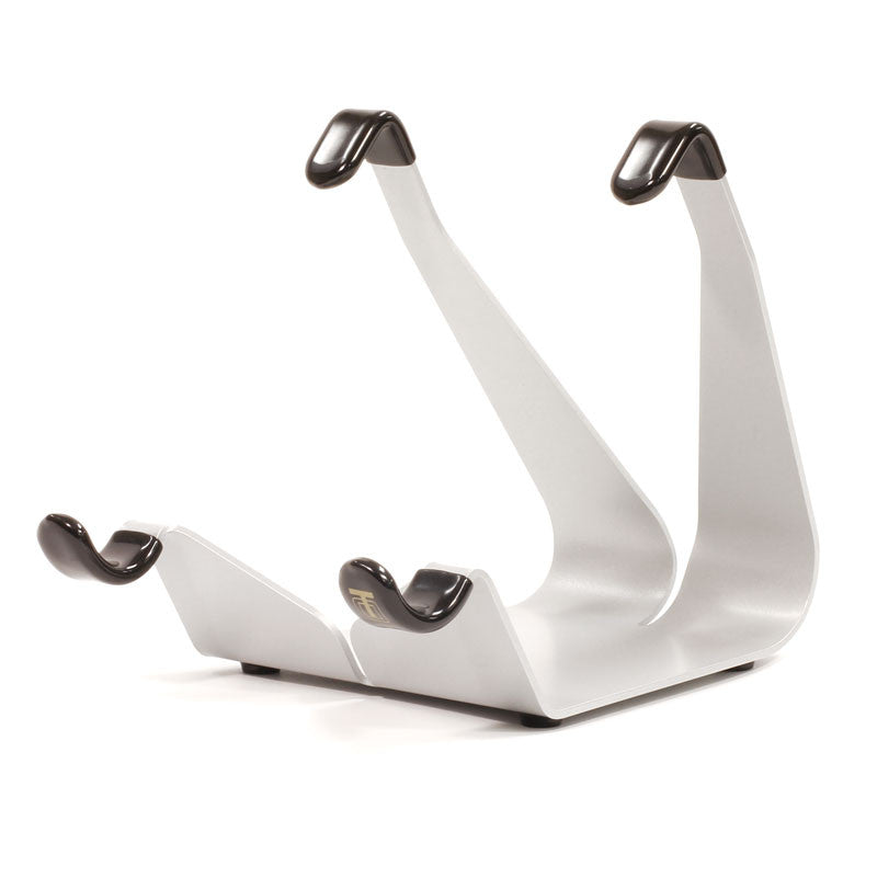 Compact fixed-angle iPad stand with white frame and black accent cradle grips