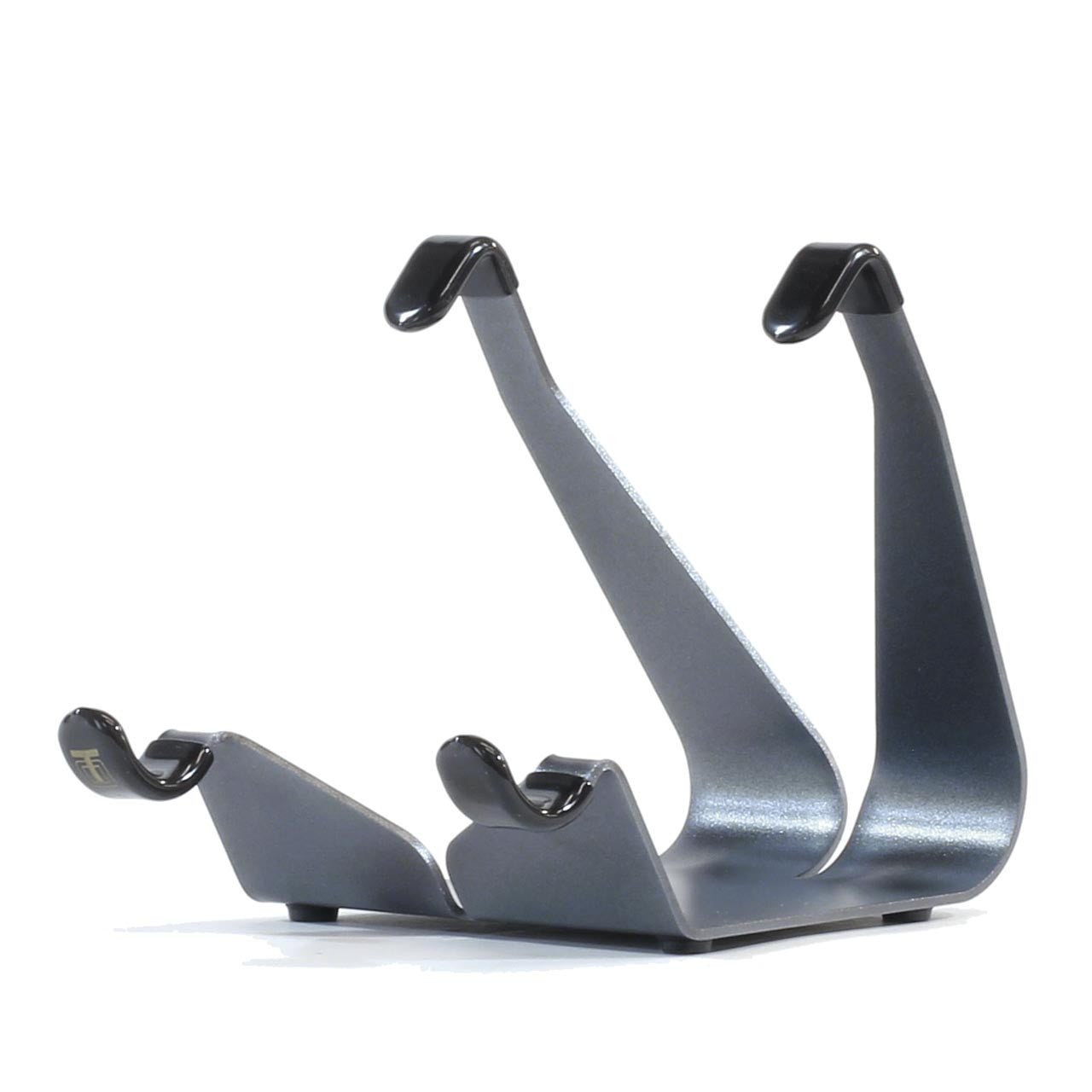 Compact fixed-angle iPad stand with dark gray frame and cradle supports