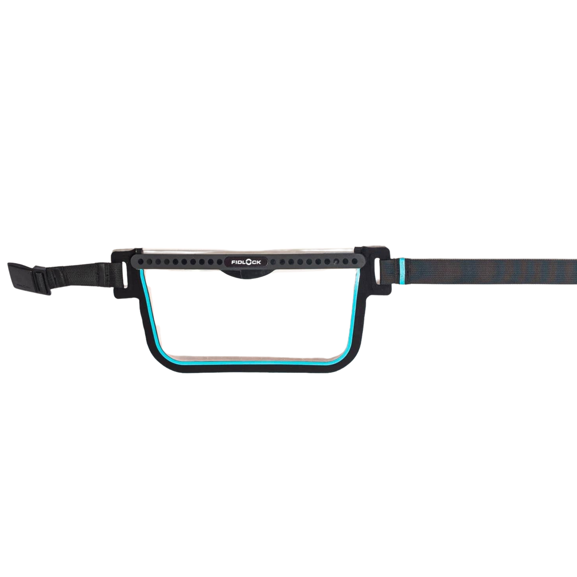 Waterproof fanny pack dry bag with clear front pocket, black strap and blue trim.
