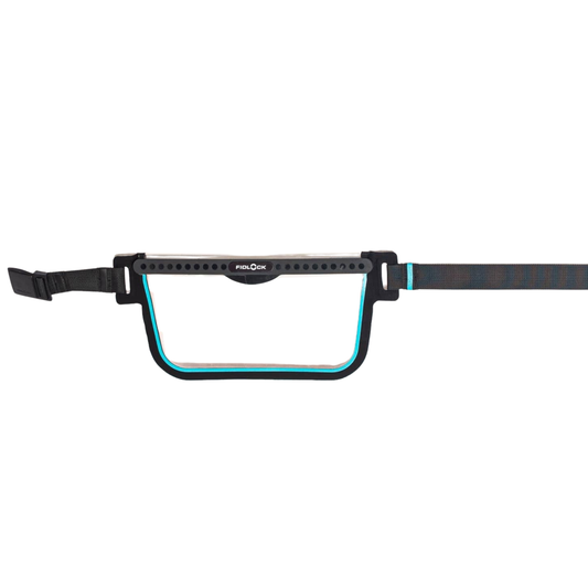 Waterproof fanny pack dry bag with clear front pocket, black strap and blue trim.