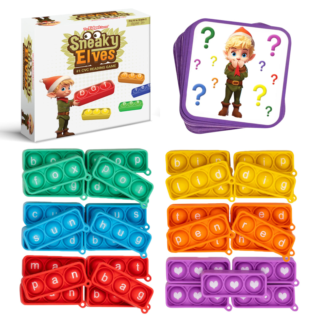 CVC word reading game box with character and colorful fidget letter tiles