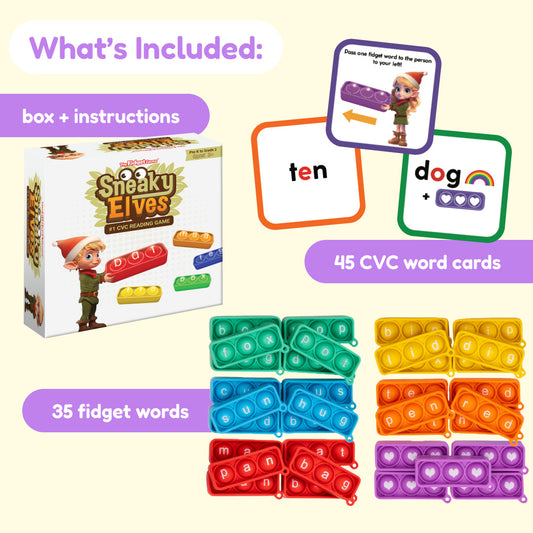 Word fidget game set with box, 45 CVC word cards, and colorful pop-bubble fidget tiles
