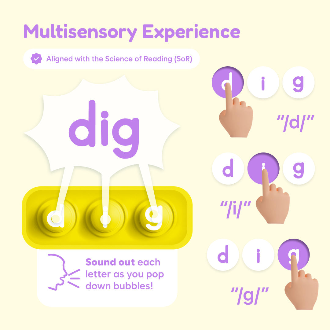 Word fidget reading game with yellow pop-bubble tray and purple letter tiles for blending