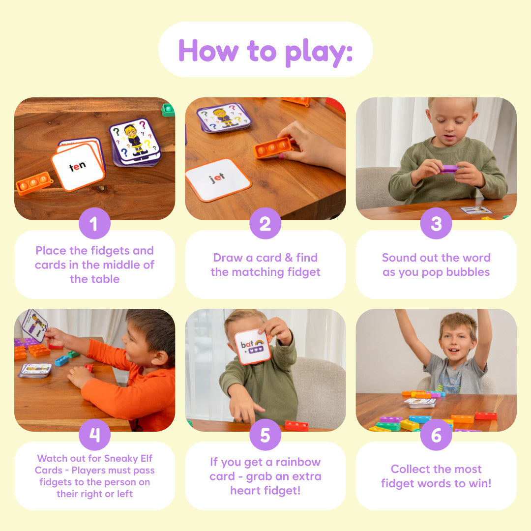 CVC word game how-to cards showing match, pop bubbles, and play steps