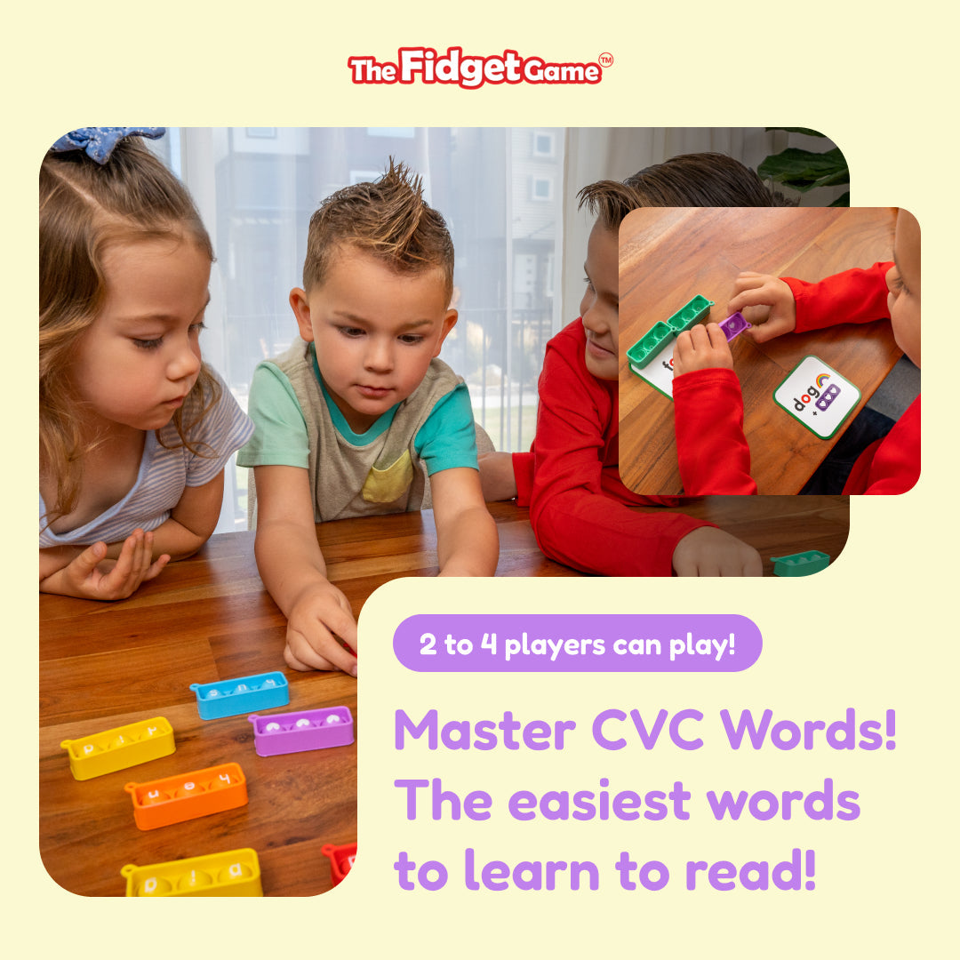 Children playing a reading word game at a table with colored fidget trays