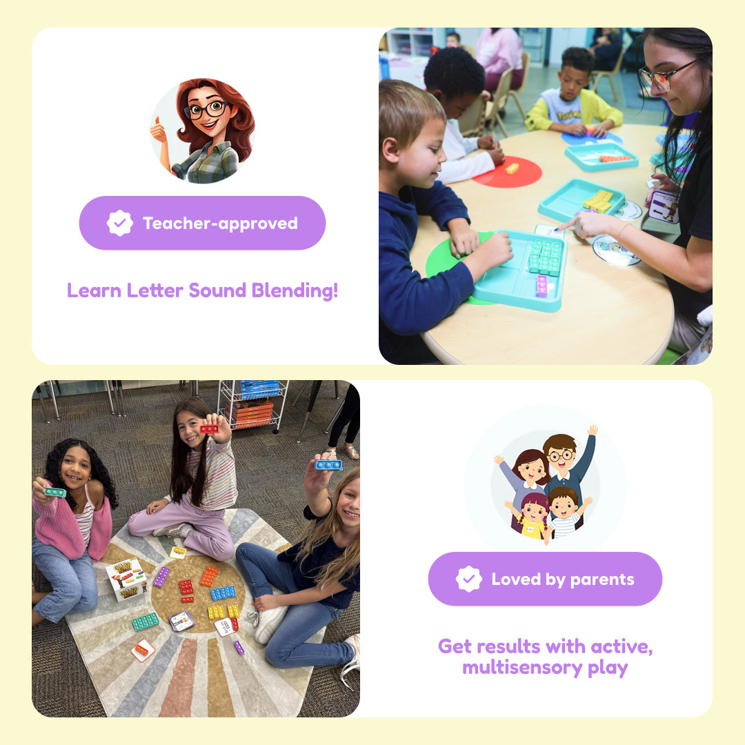 Teacher and parent use of a reading word game with kids playing at classroom tables