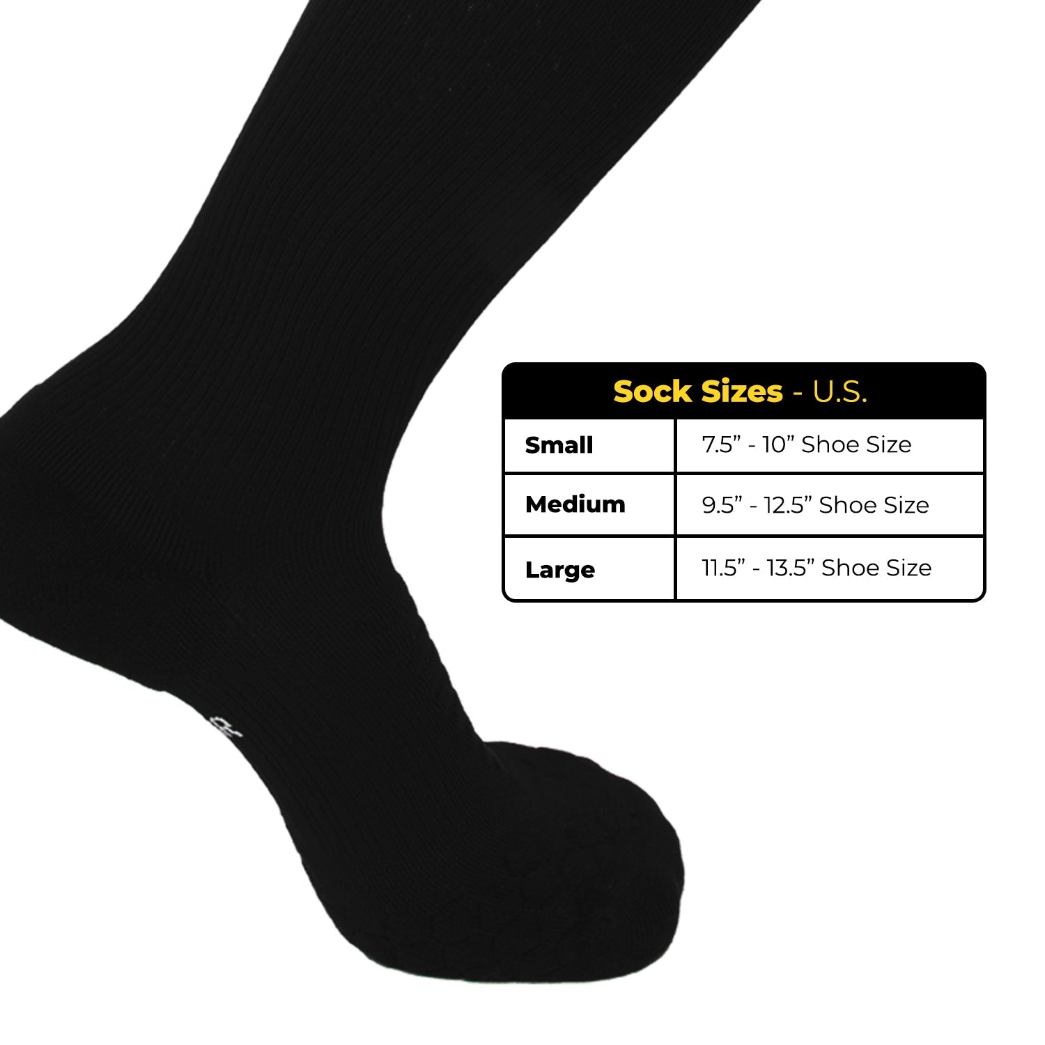 AMP leg compression socks, black crew style with cushioned sole and gray heel details