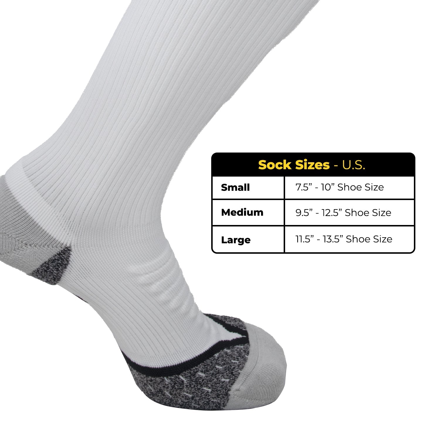 Ankle compression socks, white knit with gray cushioned toe and black ankle band