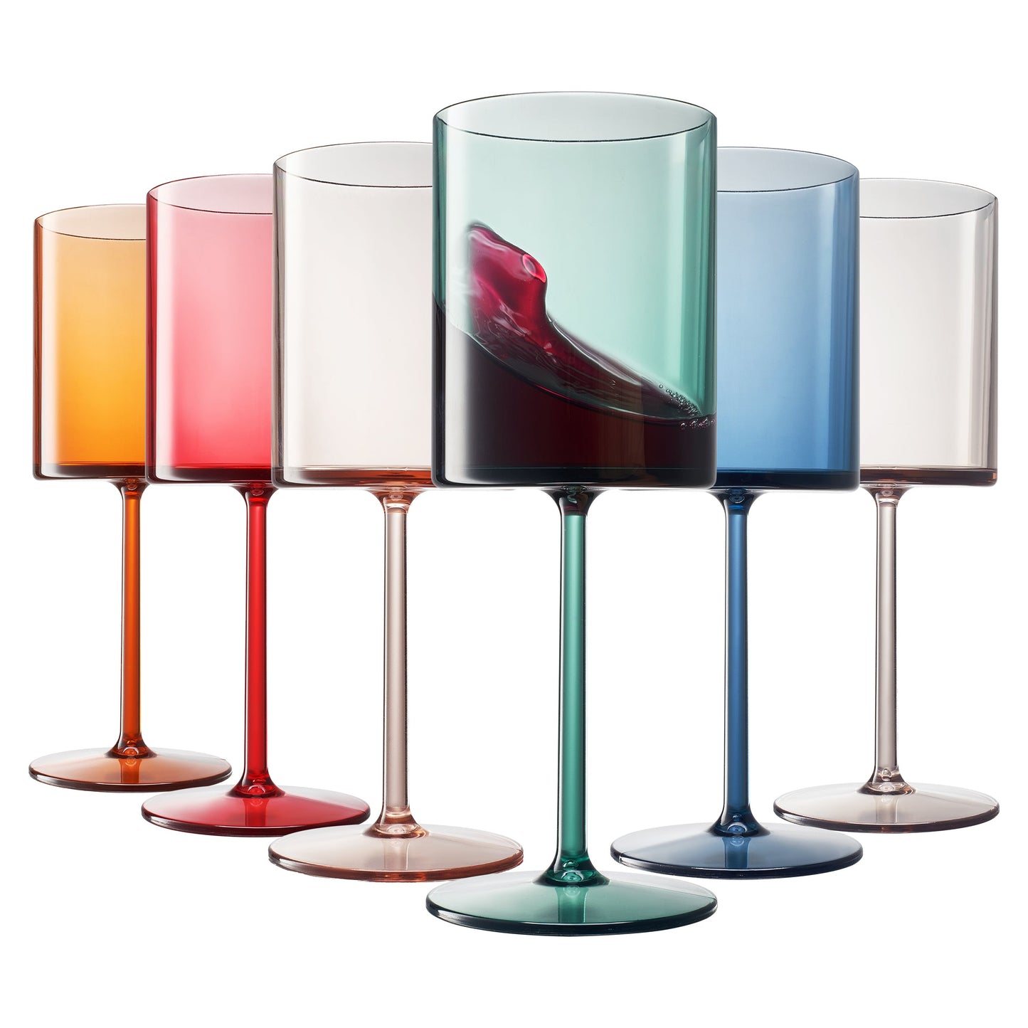Acrylic square wine glasses on stems, set of 6, in blue, green, red and clear tones