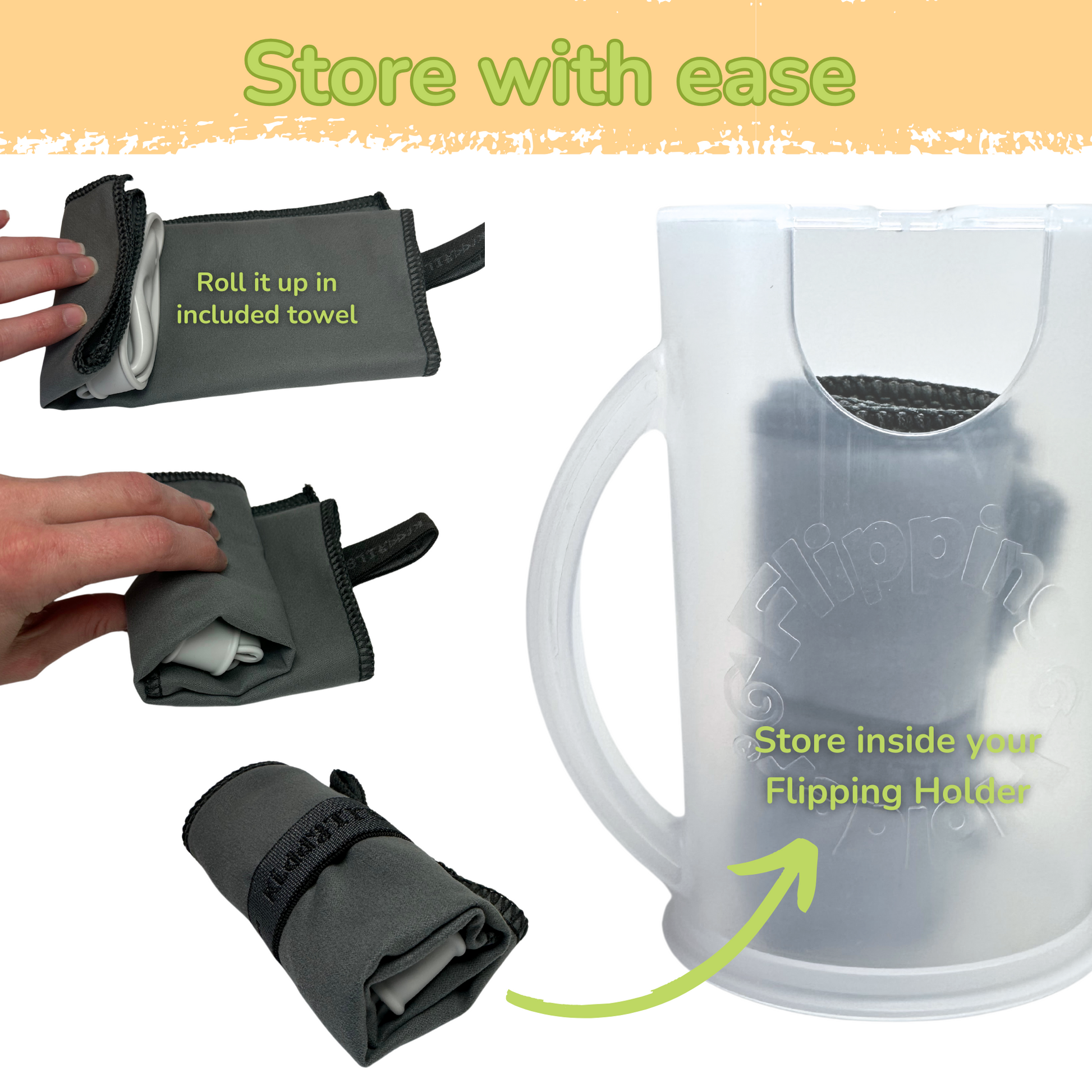 Gray spill-proof sip top with included towel, storing inside the flipping holder
