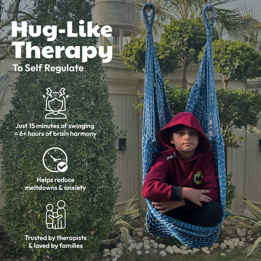 Children’s blue mesh hammock swing with two hanging ropes outdoors