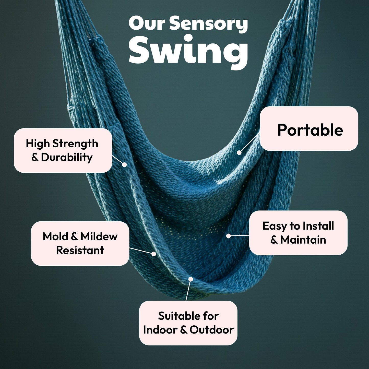 Blue woven hammock swing with two suspension cords and curved seat